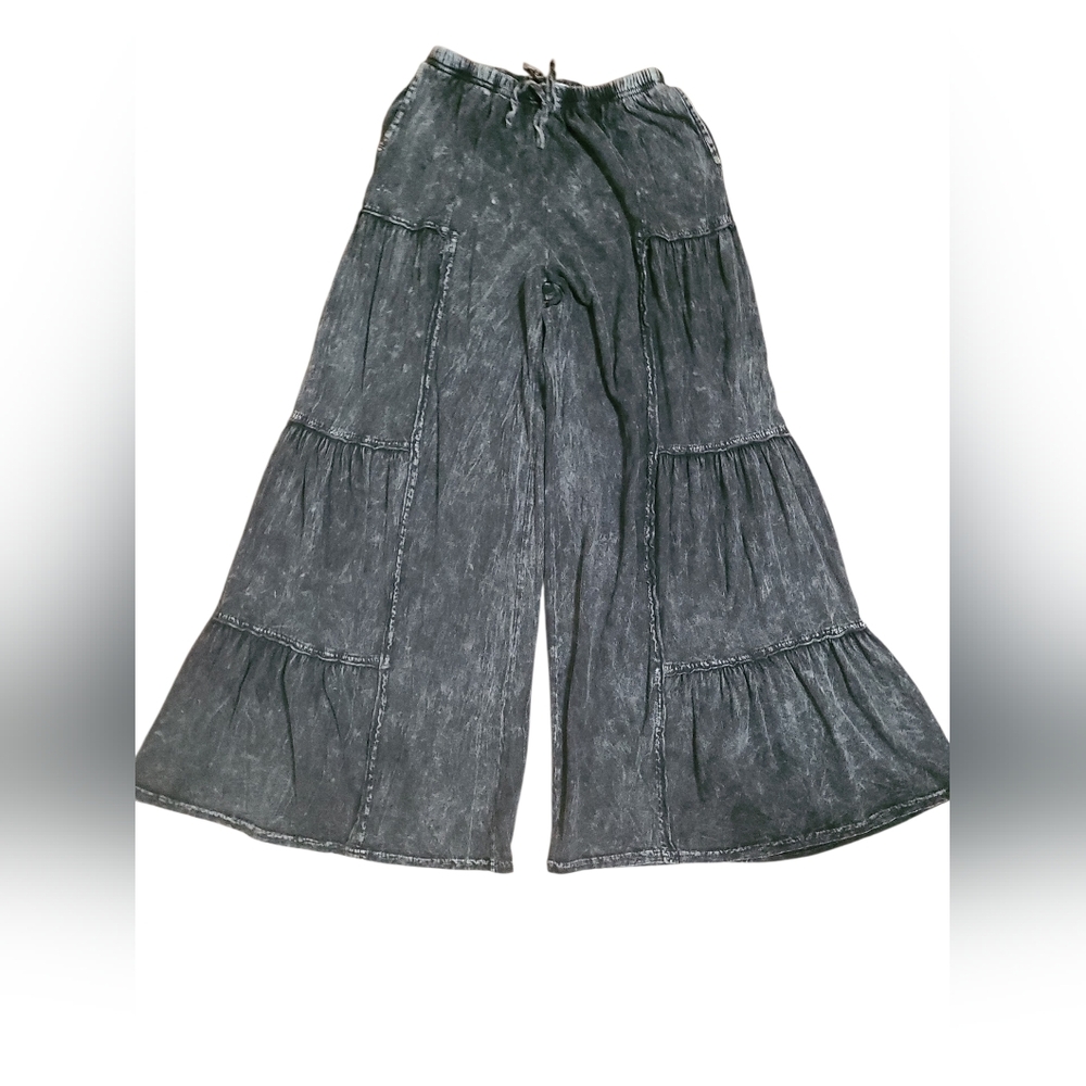 I Love Linen Charcoal Tiered Wide-Leg Boho Pants NWOT